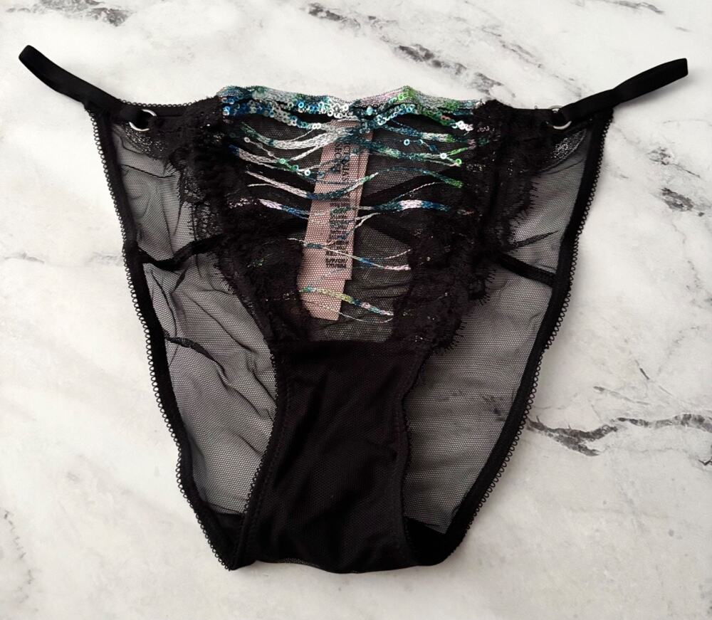 Victoria's Secret String Bikini Panty Black Sheer Mesh Sequins Shine